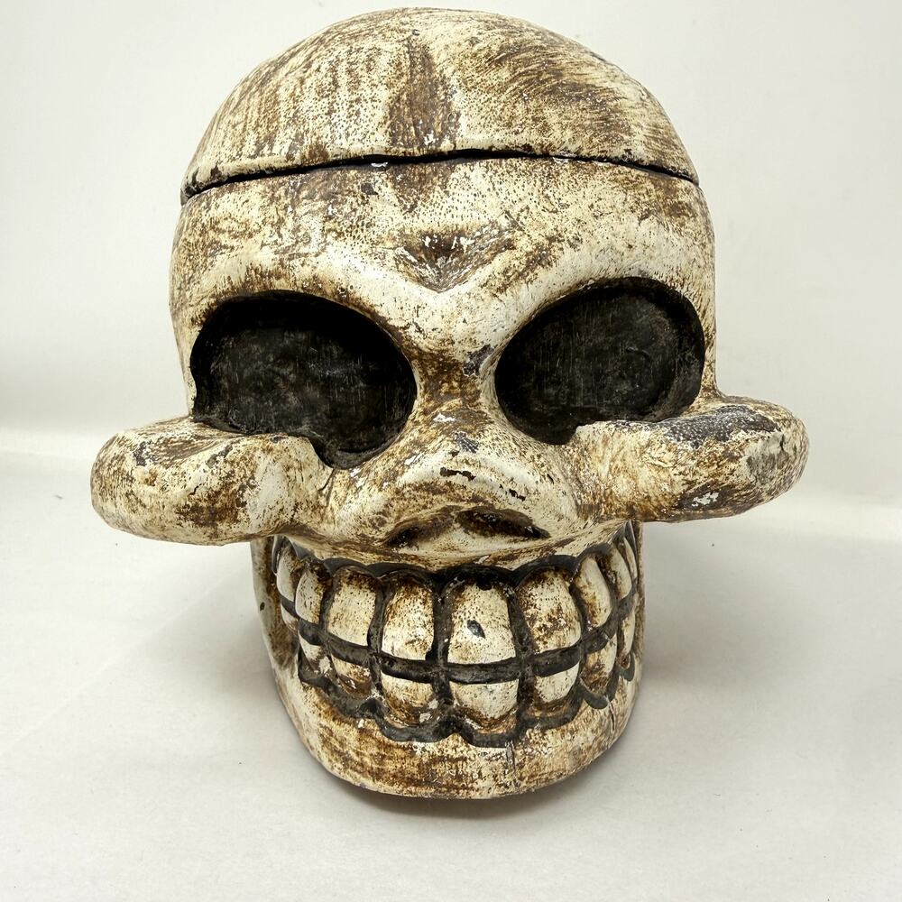 Skull Trinket Box Hinged Ceramic Gothic Halloween Decor Distressed Collectible